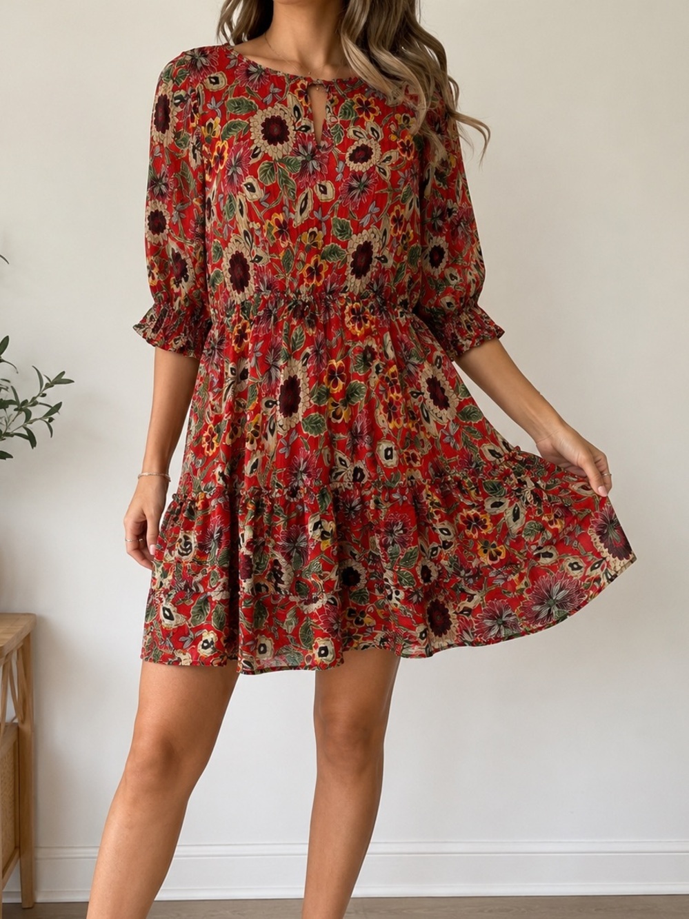 NWT Melloday Floral Smocked Sleeve Tiered Mini Dress Women’s XS